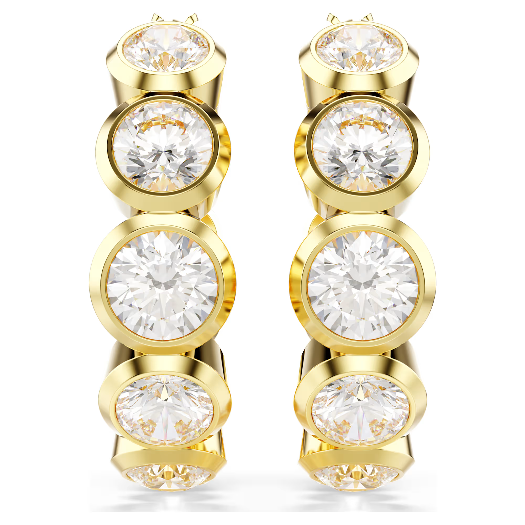 Gold hoop earrings with four bezel-set round brilliant-cut clear stones each, front-facing product view
