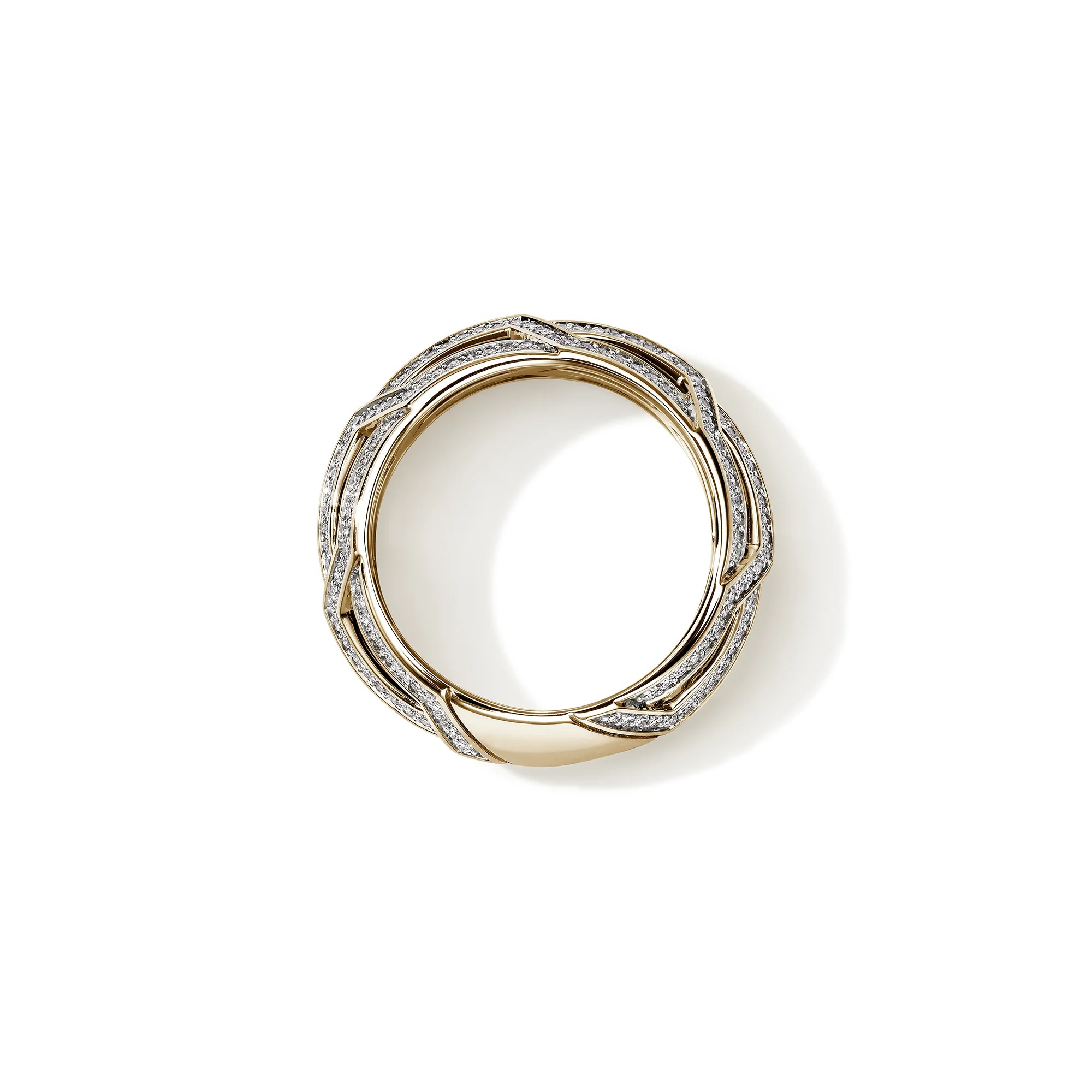 Top-down view of 14K yellow gold Icon ring showcasing braided chain design with pavé diamonds on white background