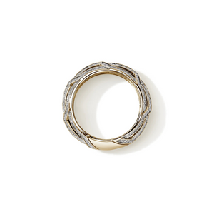 Top-down view of 14K yellow gold Icon ring showcasing braided chain design with pavé diamonds on white background