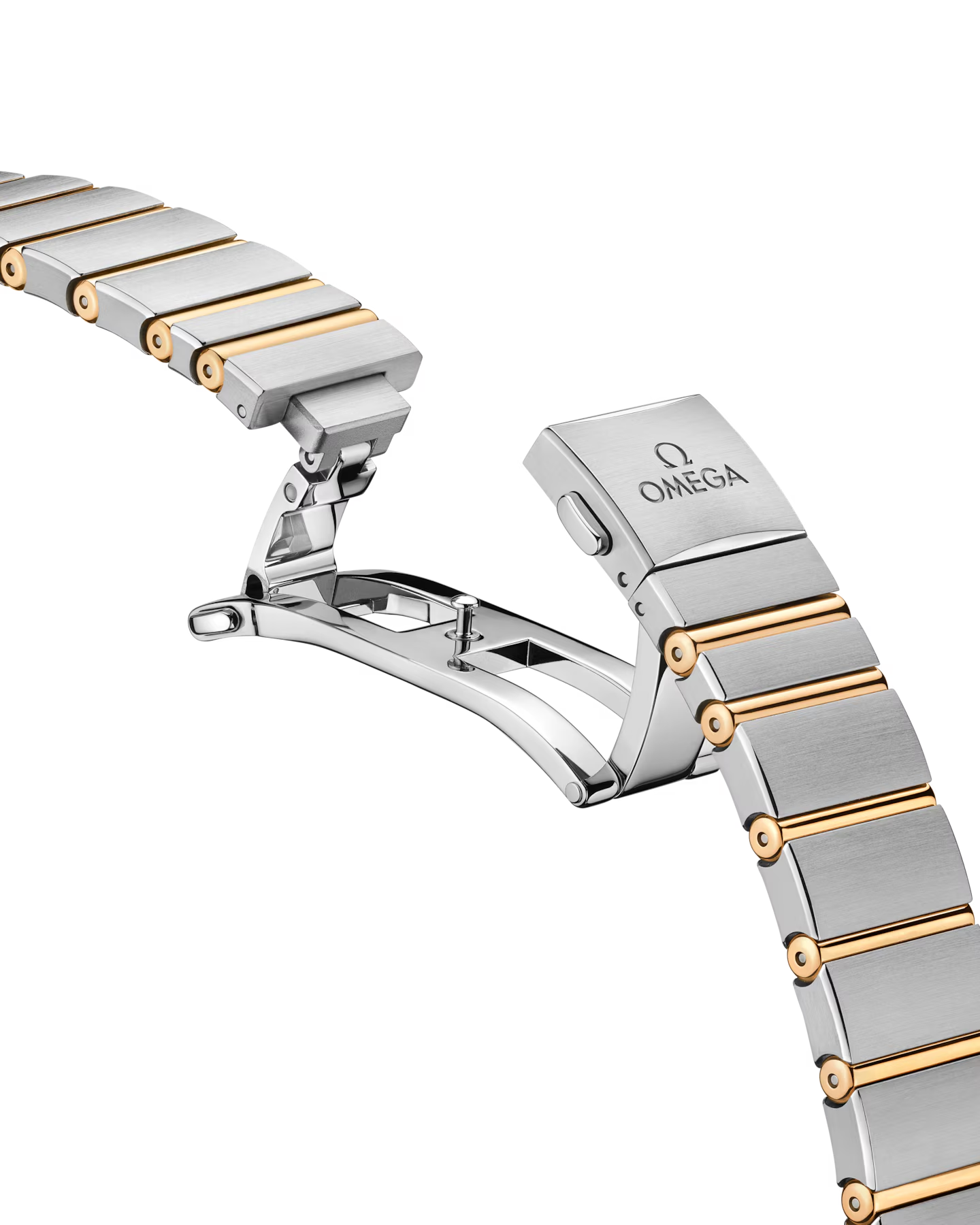 Close-up of OMEGA Constellation 28 mm bracelet showing two-tone stainless steel and Sedna gold butterfly clasp