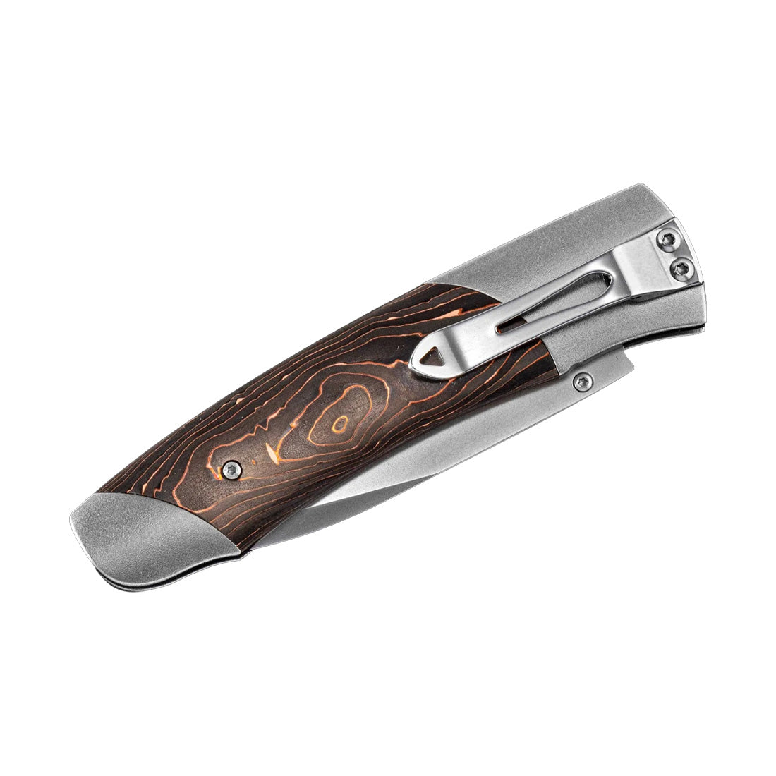 Closed folding pocket knife with copper-toned layered wood-pattern handle and stainless-steel pocket clip