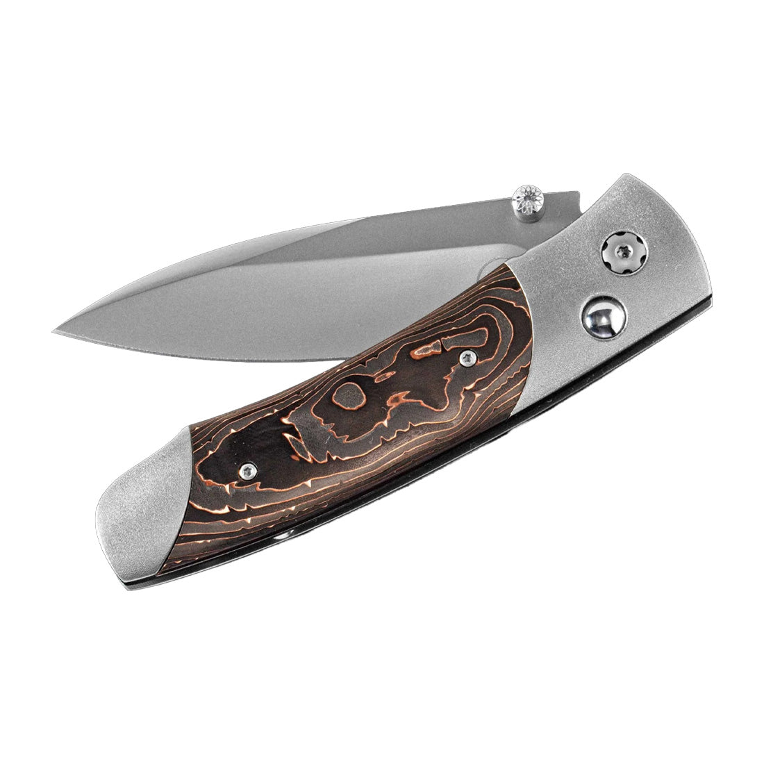Folding pocket knife with satin blade partially open and patterned copper-and-steel handle with swirling grain.