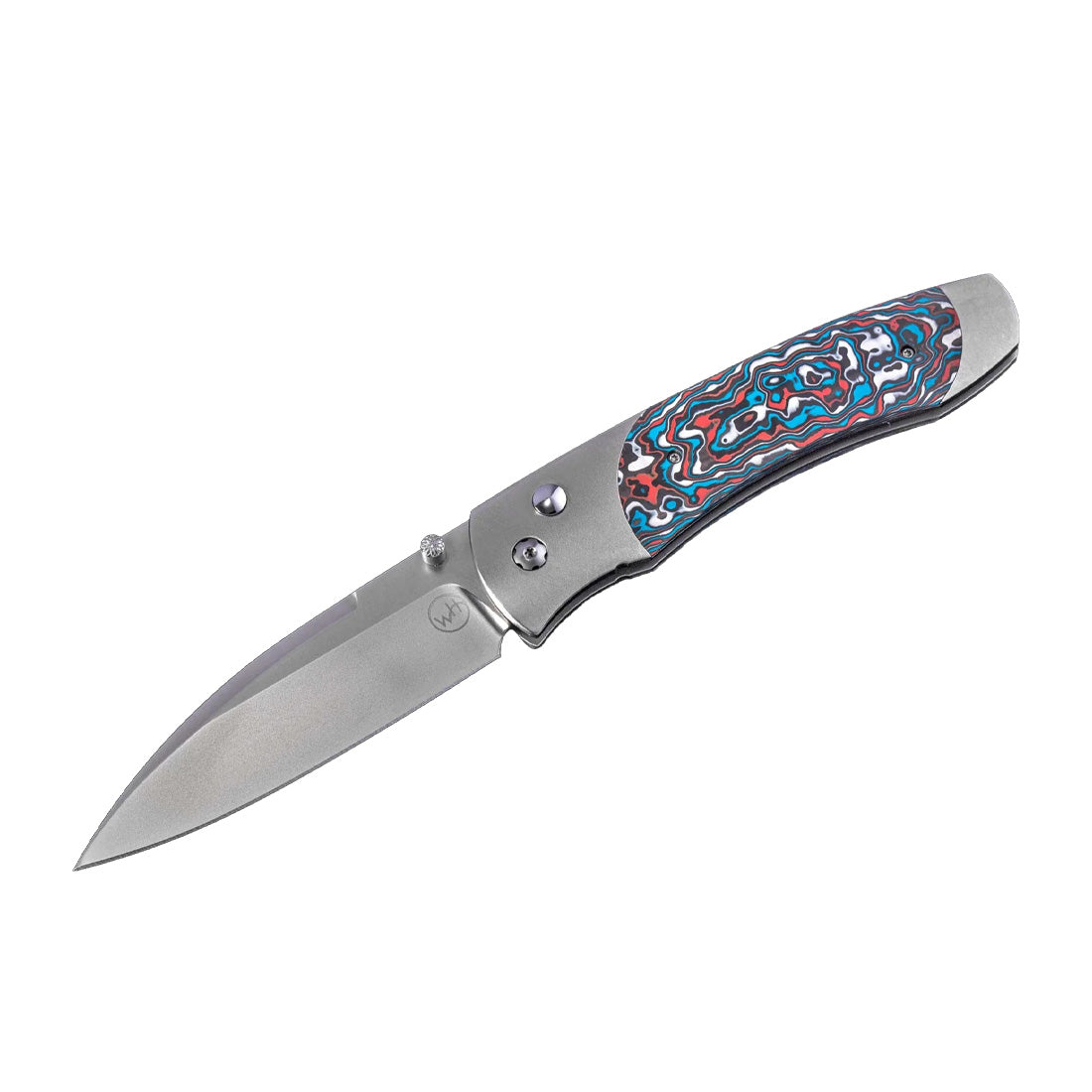 Angled view of William Henry A300-11 knife with open S35VN blade and Flame Ocean multicolored carbon fiber inlay on white