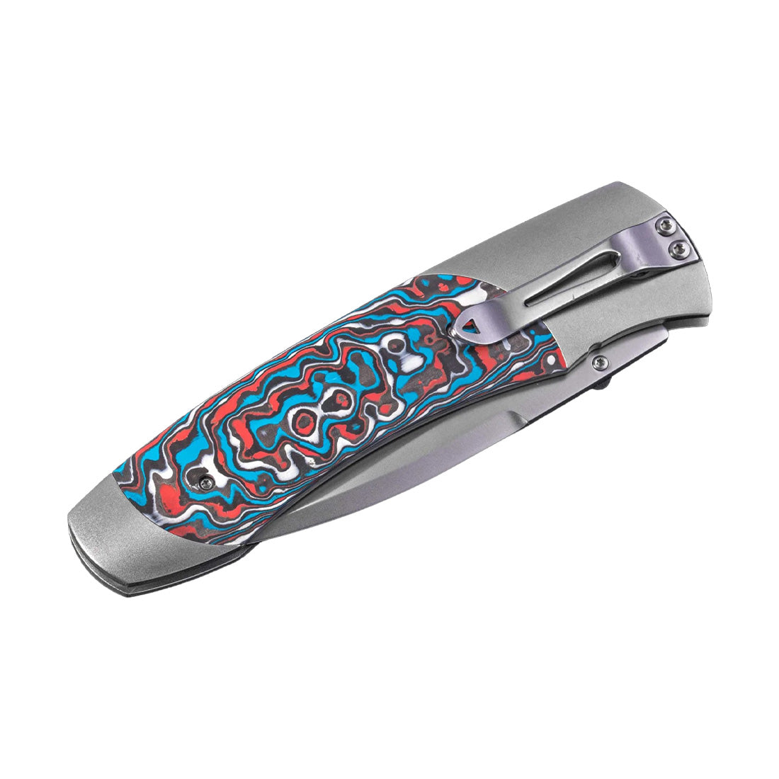 Closed folding pocket knife with gray metal frame, blue-red patterned handle scales and a pocket clip.