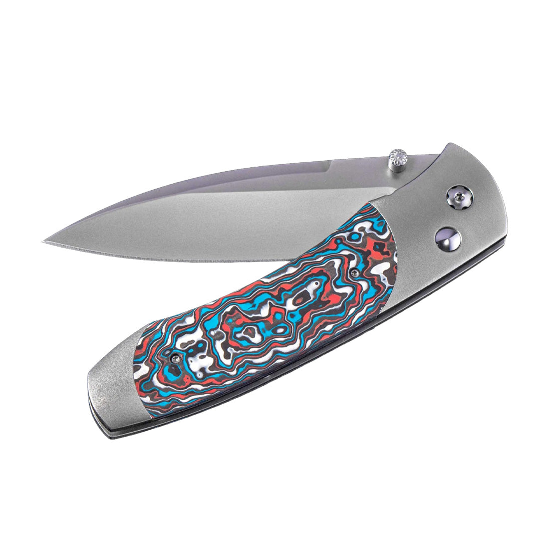 Folding pocket knife with satin blade and layered red, blue and white patterned handle (William Henry A300-11)
