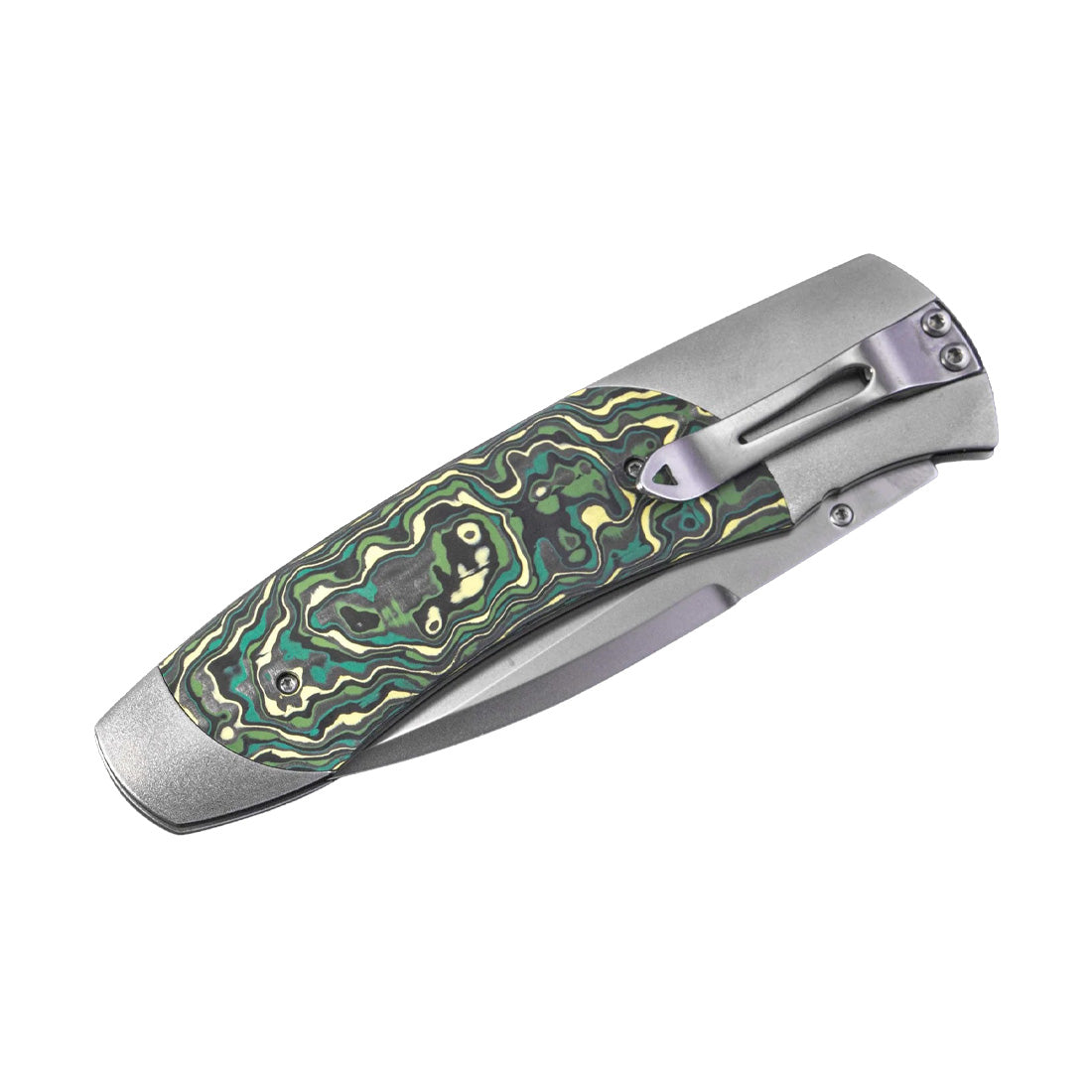 Closed folding pocket knife with green-and-yellow mokume-pattern handle and stainless clip