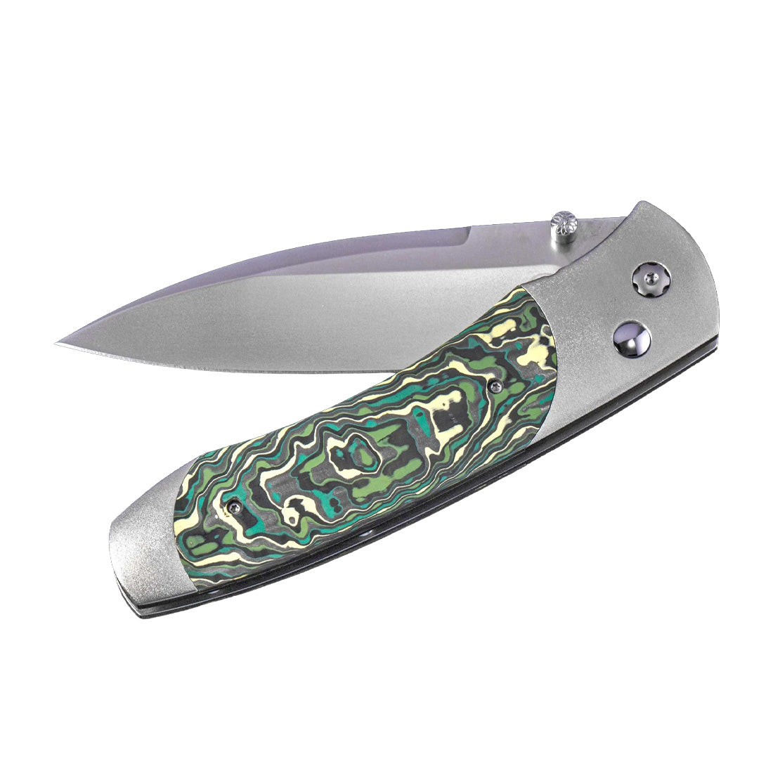 Folding pocket knife with green layered-pattern handle and partially open satin blade (William Henry A300-12)
