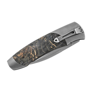 Closed view of William Henry A300-9 knife with dyed gray maple burl inlay on titanium frame and pocket clip