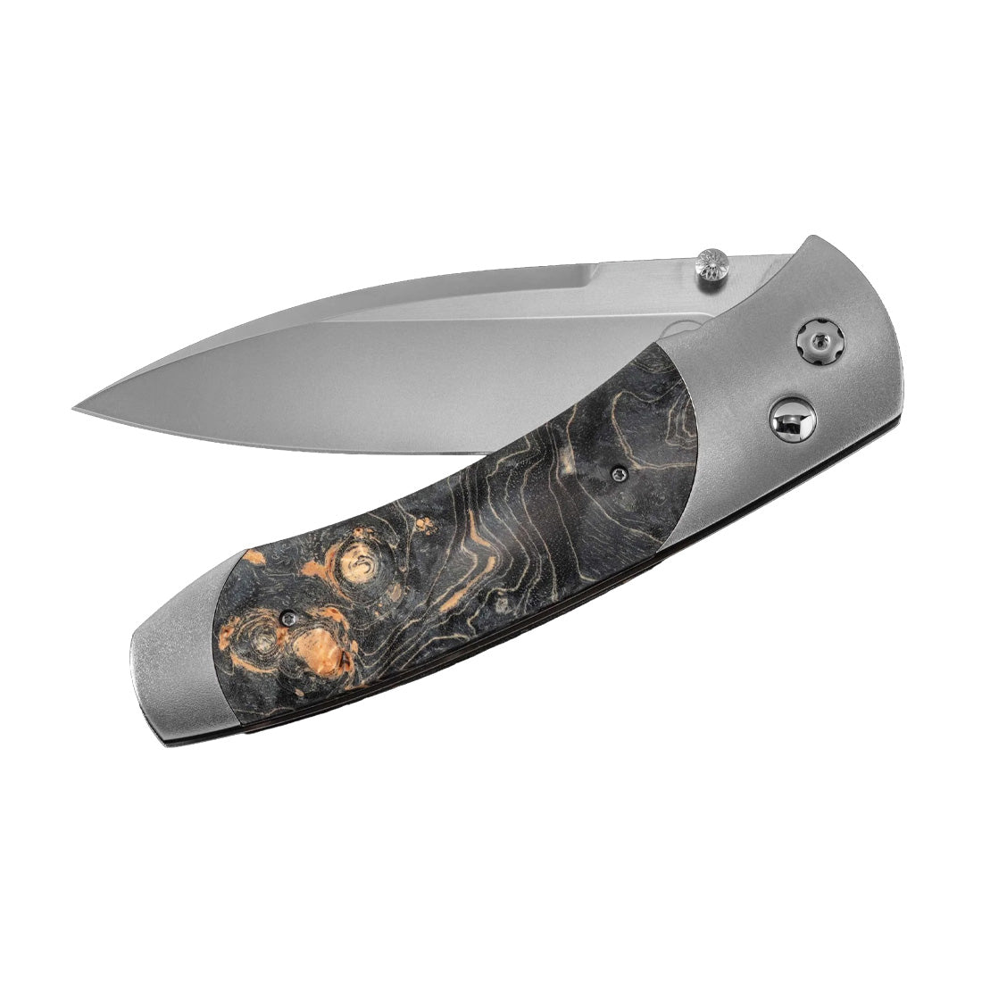 William Henry A300-9 folding knife — satin blade and dark burl-wood handle with orange knots