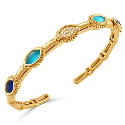 18K Yellow Gold Diamond, Lapis and Turquoise Bangle