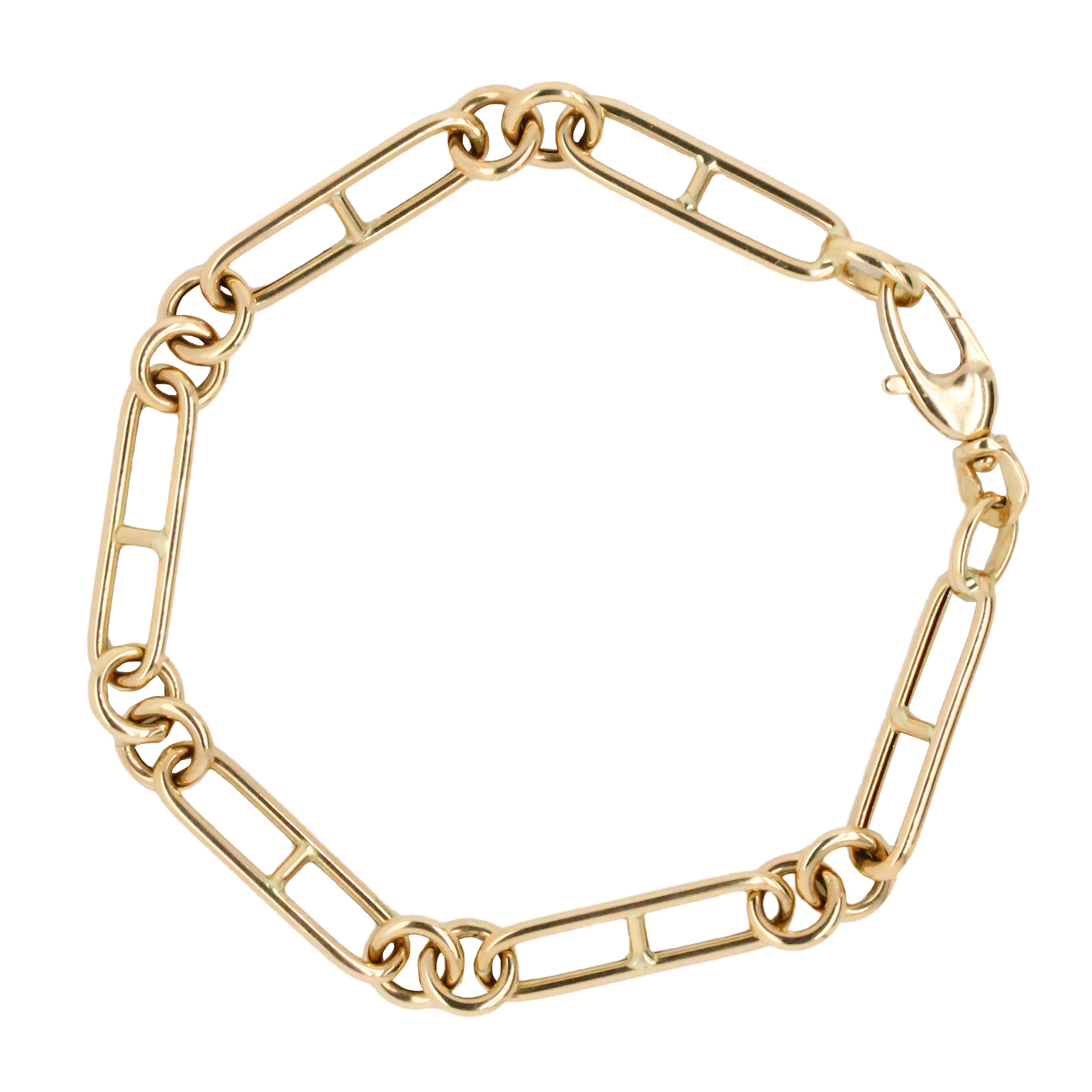 Top-down view of 14K yellow gold large H paperclip bracelet showing 21.5mm rectangular links and lobster clasp on white background