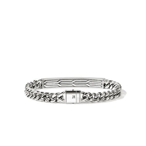 Silver bracelet with chain design on a white background