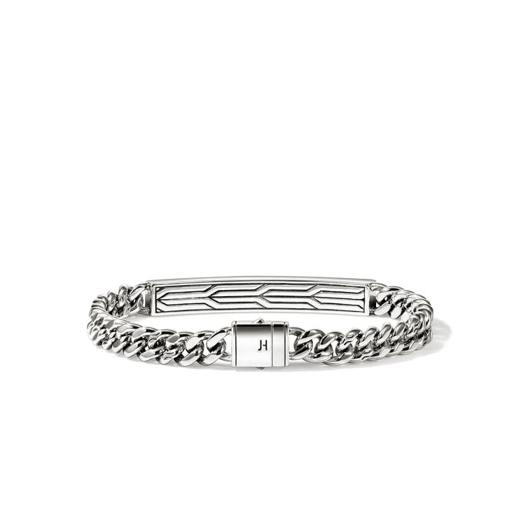 Silver bracelet with chain design on a white background