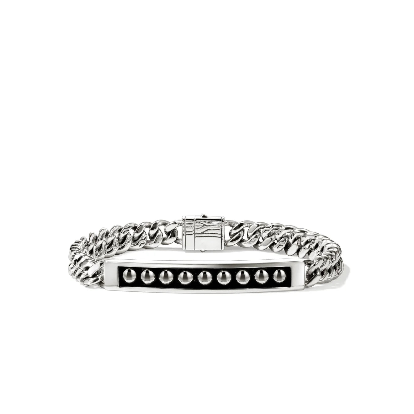 A silver-toned metal bracelet featuring a curb chain design, a central polished bar, and a row of small dome-cut stones on a black inlay, shown against a plain white background.
