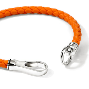 Bright orange braided leather strap with polished silver-tone metal hardware, including a lobster clasp and ring, shown on a clean white background.