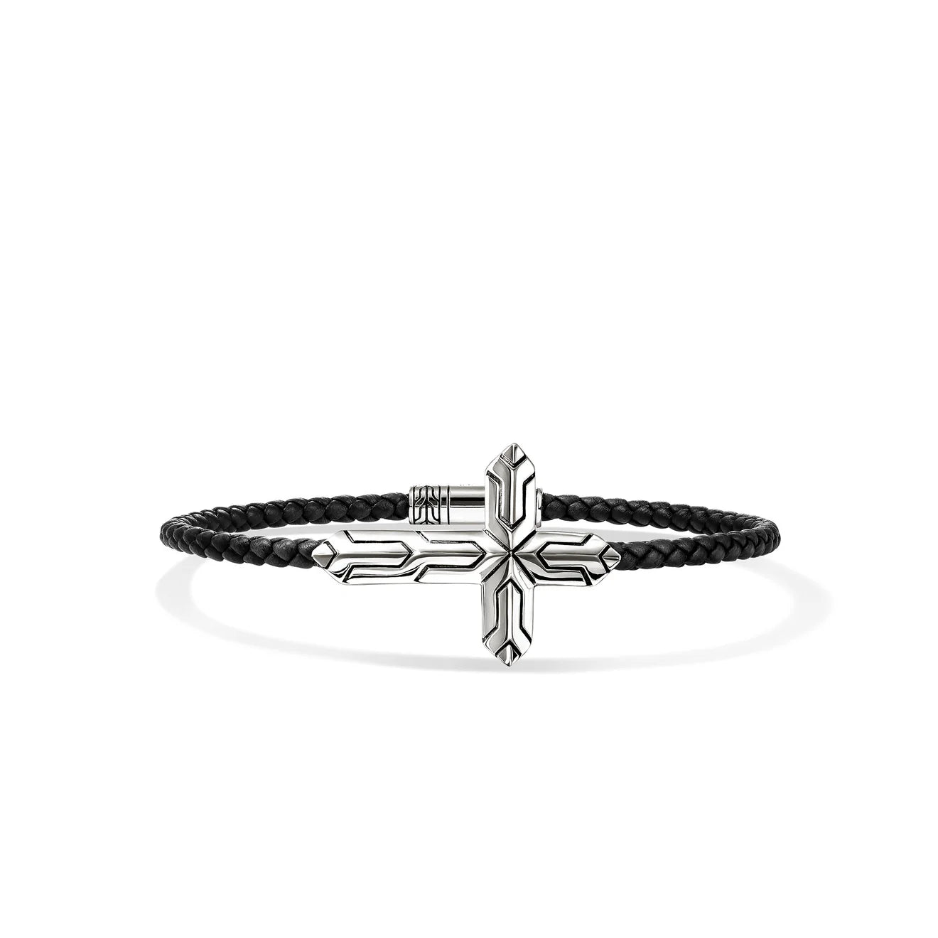 A black braided leather bracelet with a silver-toned geometric cross clasp, displayed on a clean white background.
