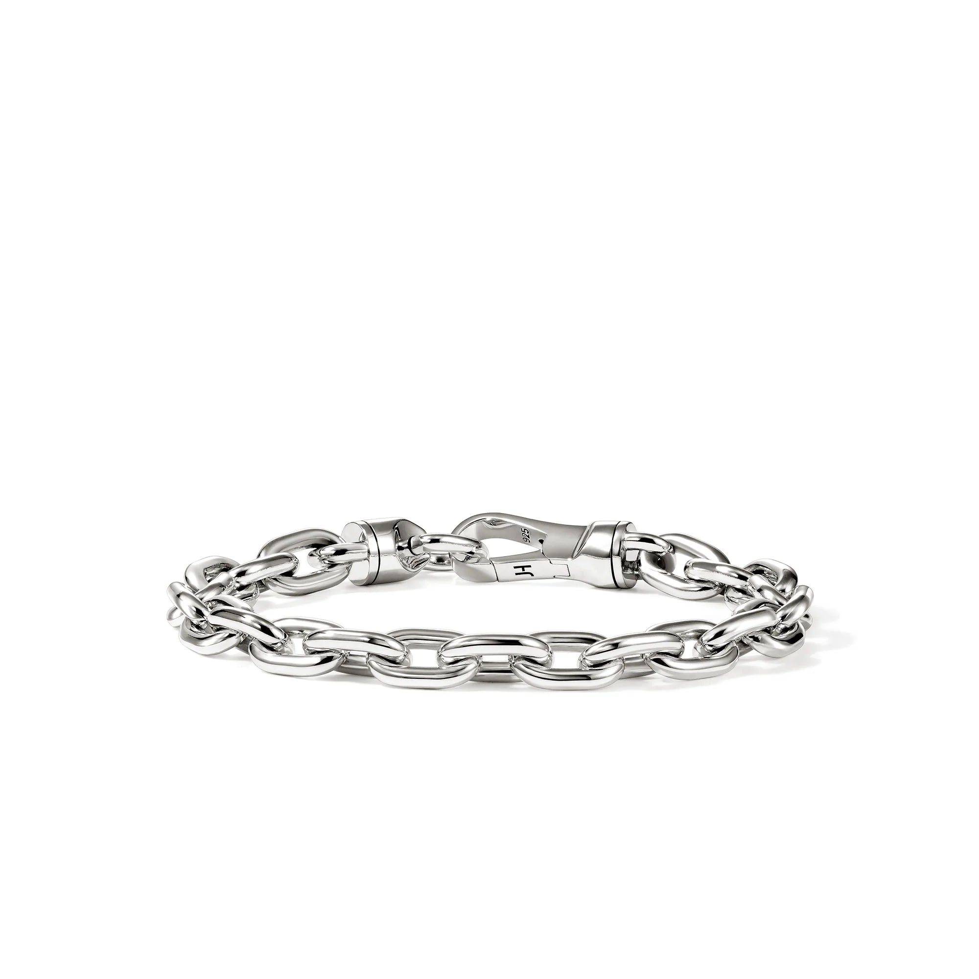 A silver chain link bracelet with a lobster clasp, displayed on a clean white background.