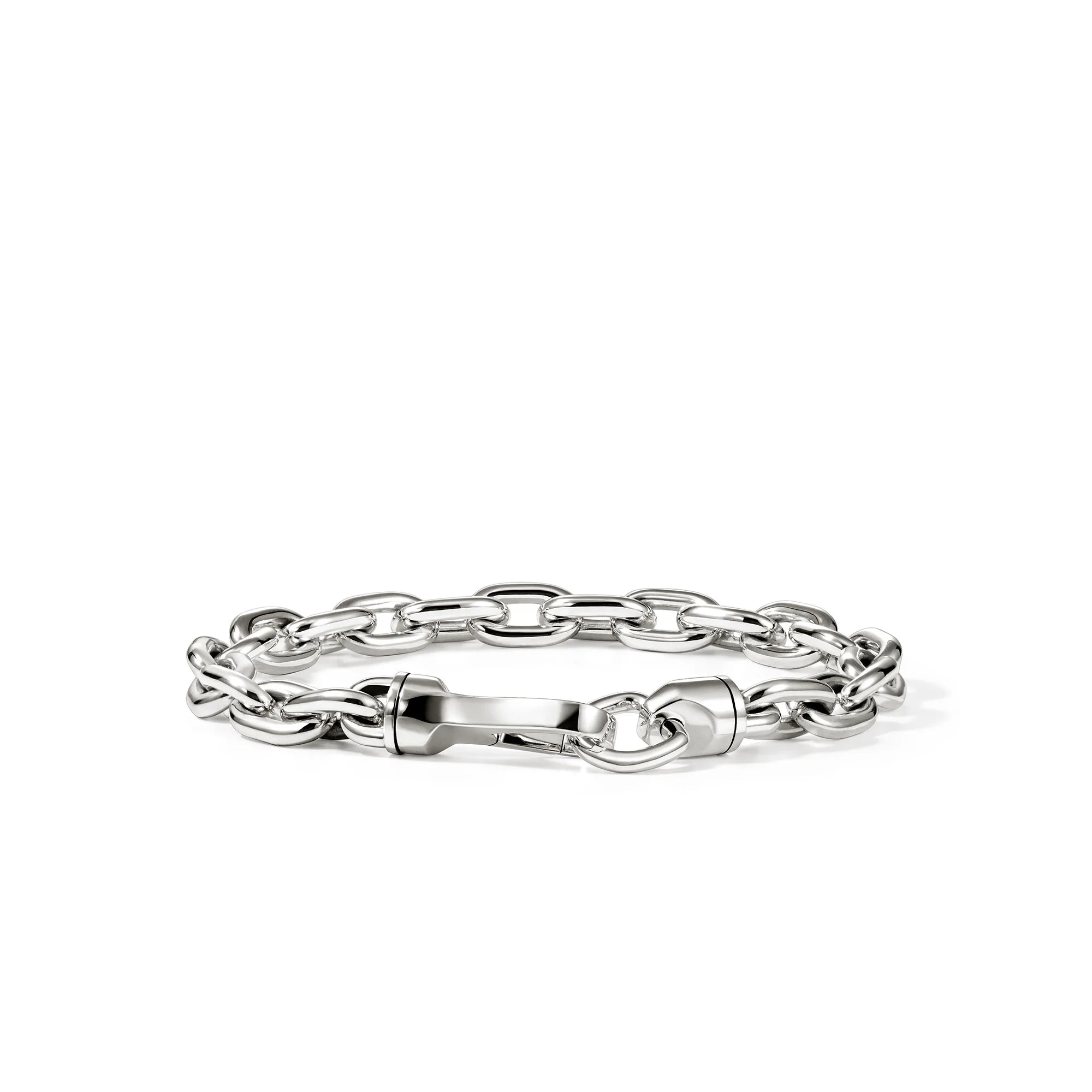 A polished silver-tone chain link bracelet with a central decorative bar clasp, displayed on a clean white background.