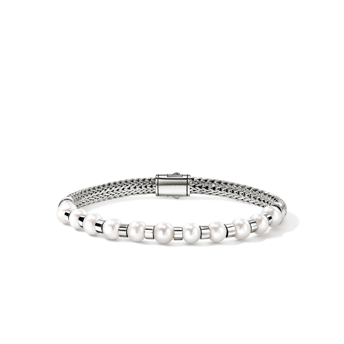 silver and pearl bracelet on a white background