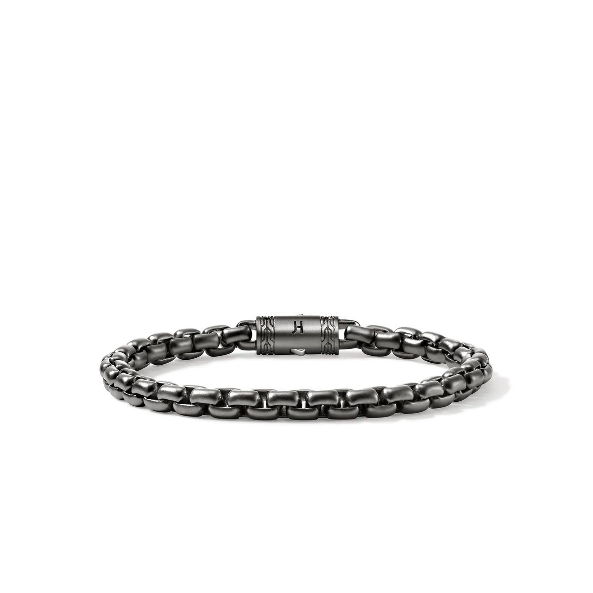 Dark sterling silver box chain bracelet on a white background