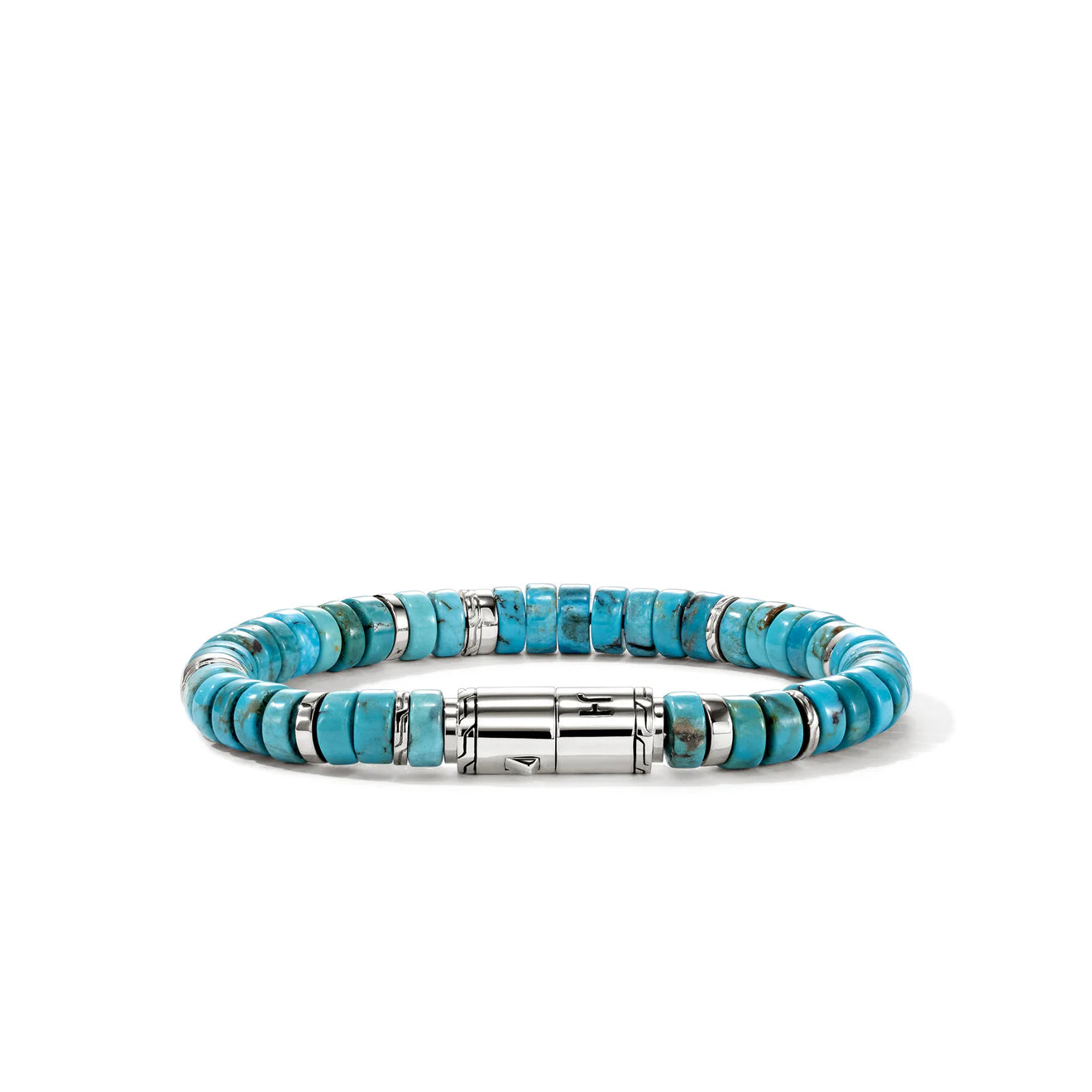 Turquoise beaded bracelet with silver clasp on a white background