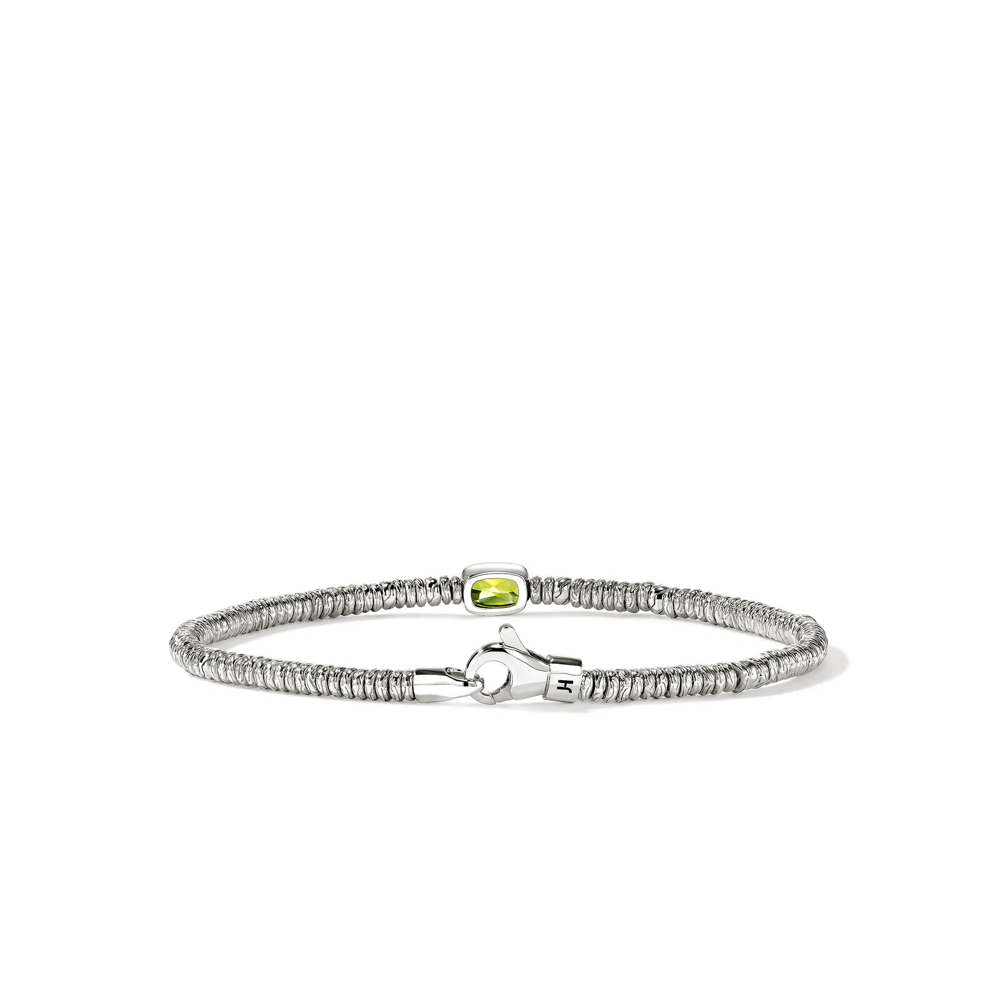 A silver beaded bracelet with a small oval green gemstone and a lobster clasp, shown on a plain white background.