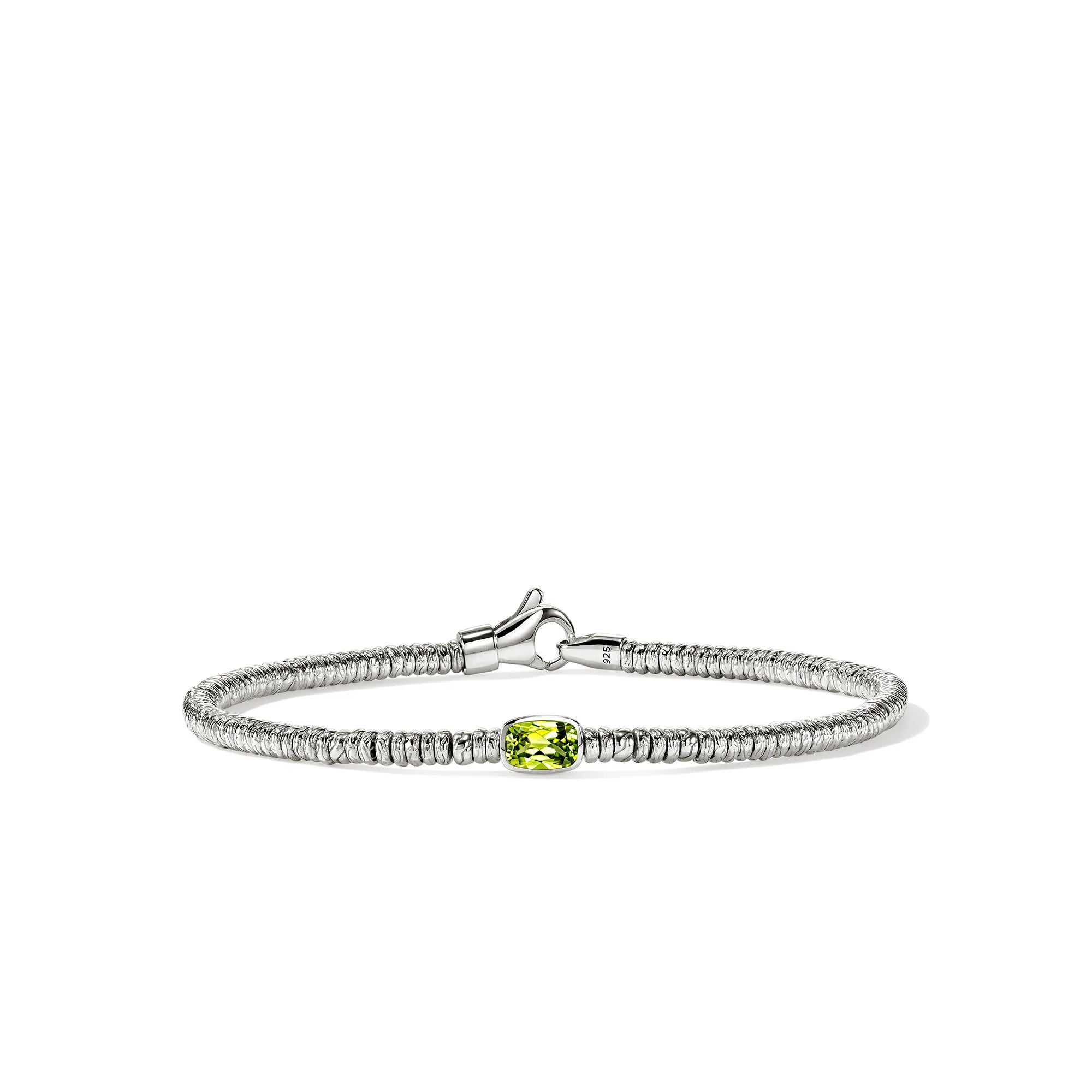 silver beaded bracelet with a light green center stone on a white background
