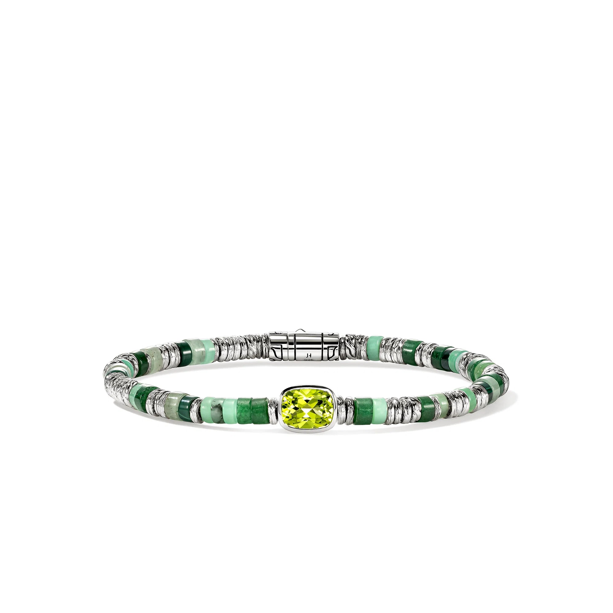 A beaded bracelet featuring green and light green stone beads, silver-toned spacer beads, and a central cushion-cut lime green gemstone, displayed on a clean white background.
