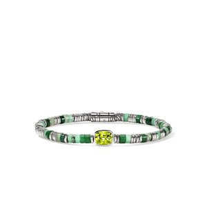 A beaded bracelet featuring green and light green stone beads, silver-toned spacer beads, and a central cushion-cut lime green gemstone, displayed on a clean white background.