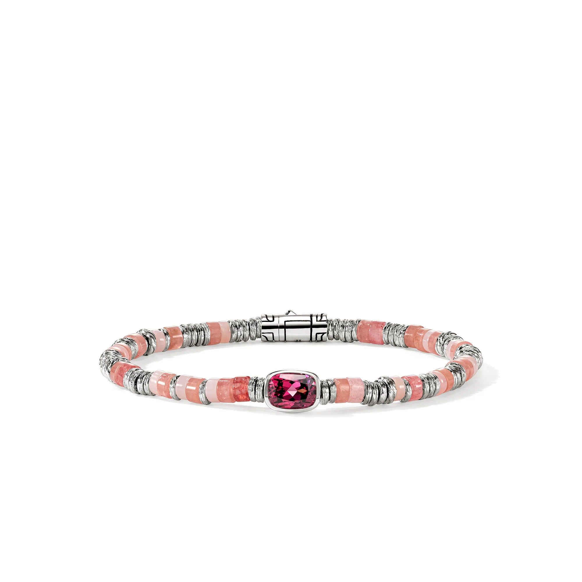 A beaded bracelet featuring textured pink and white stone beads, silver-toned spacer rings, and a central rectangular pink gemstone, displayed on a clean white background.