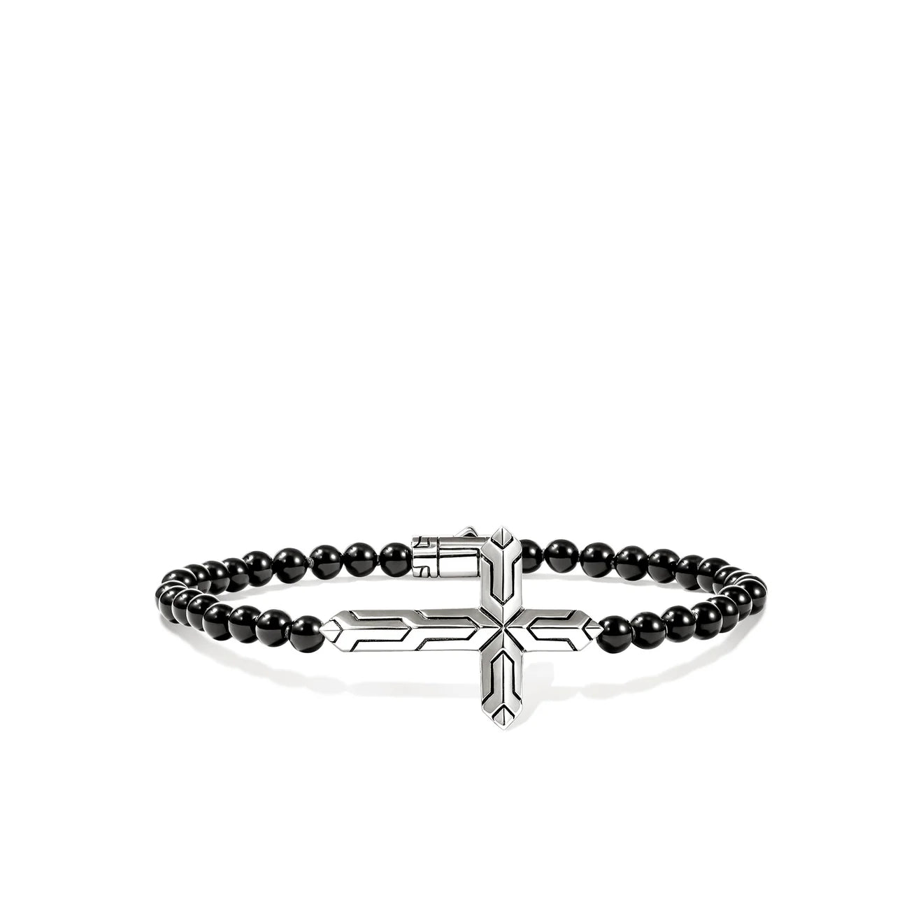 Black beaded bracelet with a silver cross charm on a white background