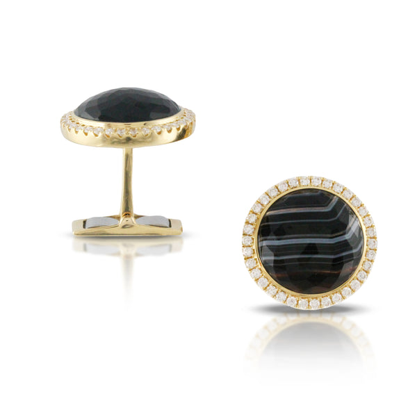 18k Yellow Gold, 0.92ctw Diamond with 12.17ctw Tuxedo Agate Cufflinks 