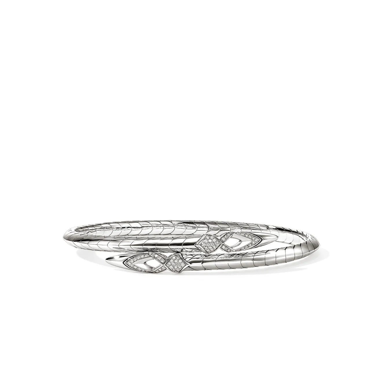 A silver-toned bangle bracelet with a textured, snake-like pattern and diamond accents, displayed on a clean white background.
