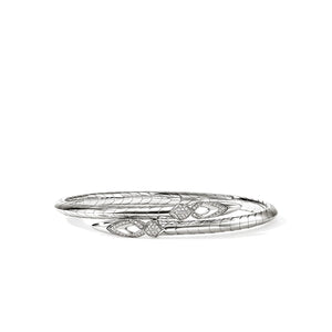 A silver-toned bangle bracelet with a textured, snake-like pattern and diamond accents, displayed on a clean white background.