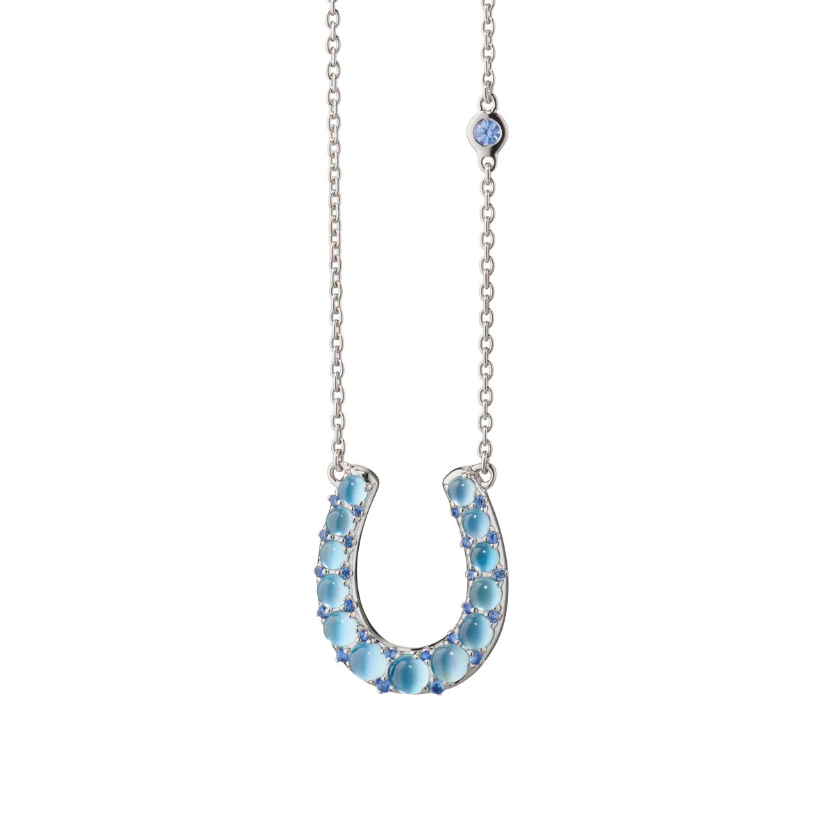 "Luck" Horseshoe Necklace with Blue Topaz, Mother of Pearl, and Blue Sapphire