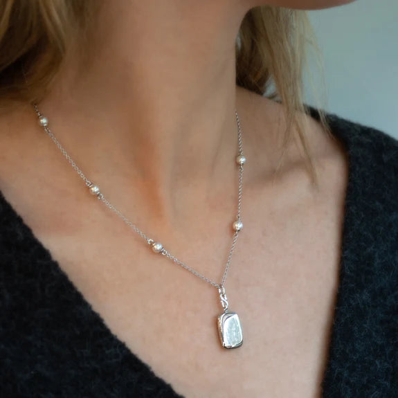 Slim "Britt" Sterling Silver Locket Necklace On Pearl Chain