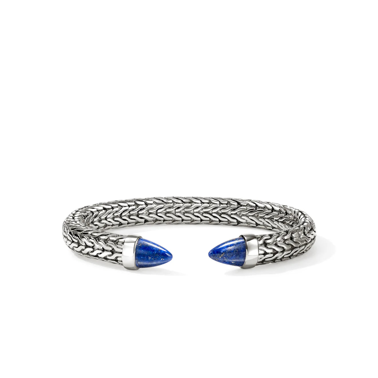 Silver bracelet with blue accents on a white background