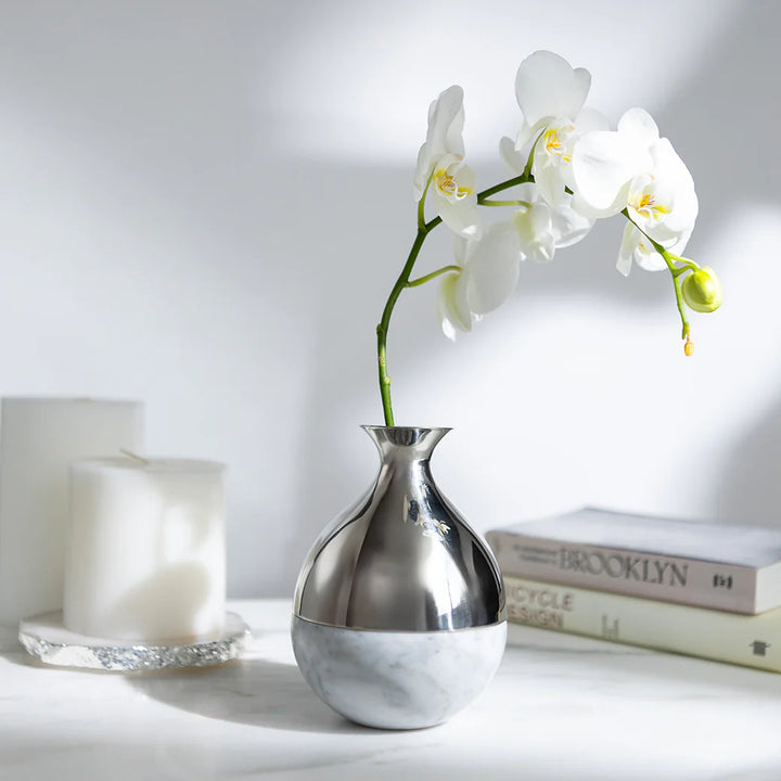 Coluna Dual Bud Vase, Carrara Marble & Silver