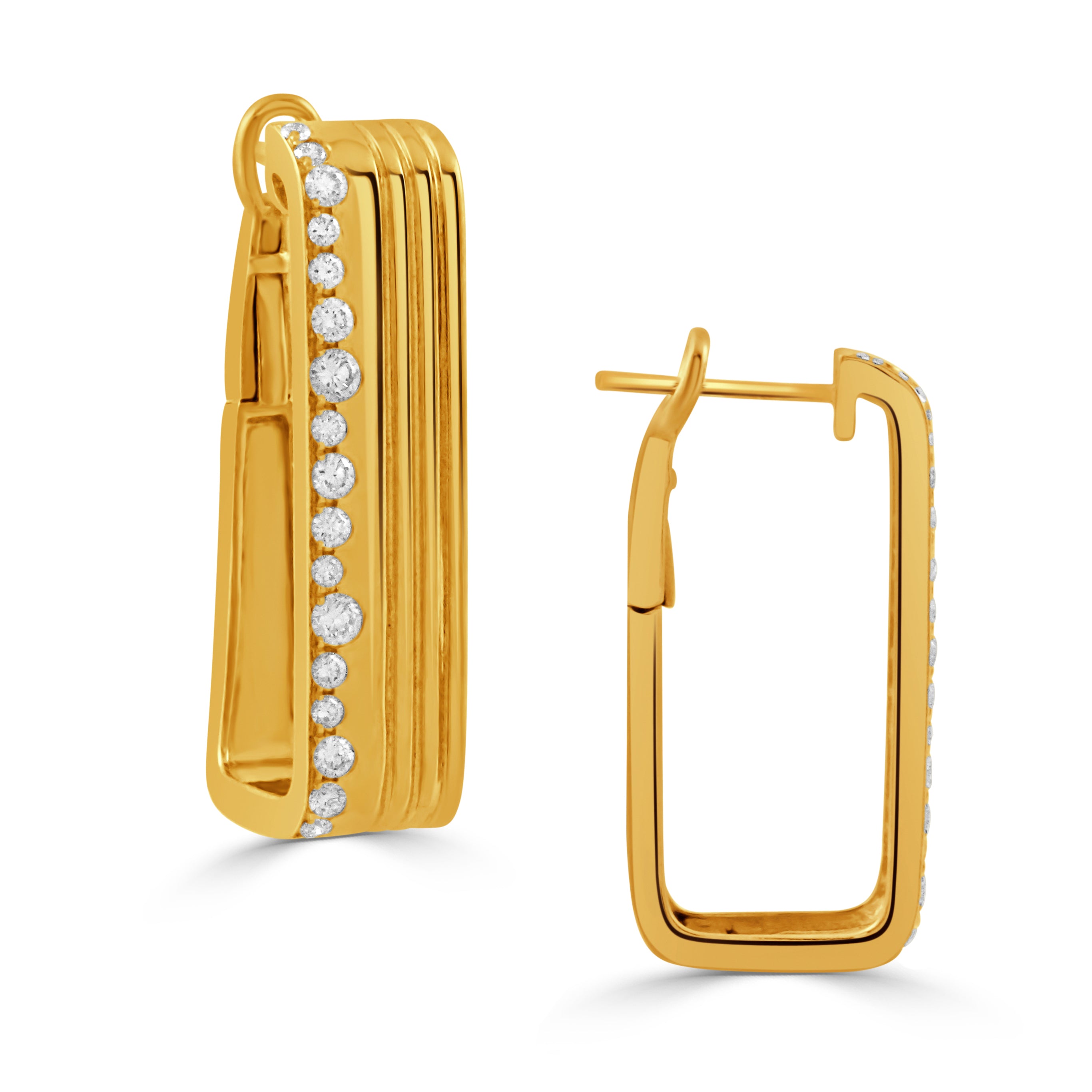 Front and side view of 18K yellow gold 0.48ctw diamond hoop earrings showcasing a row of diamonds on white background