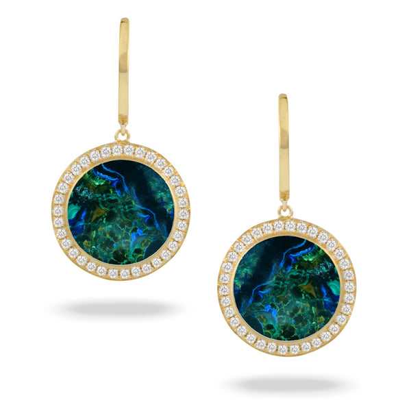 18K Yellow Gold Diamond With Azurite Malachite Drop Earrings