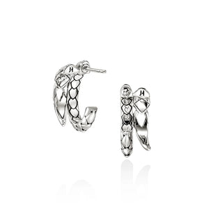 Pair of silver hoop earrings on a white background