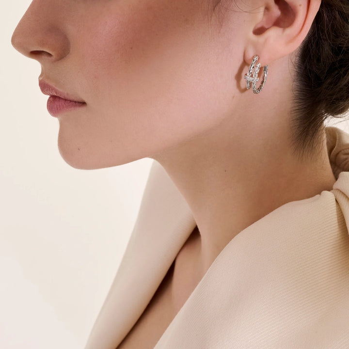 Sterling Silver Spear Hoop Earrings with Diamonds, 22.5MM