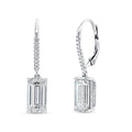 Front and side view of 6.38ctw diamond drop earrings showing emerald-cut drops and pave leverback hooks on white background