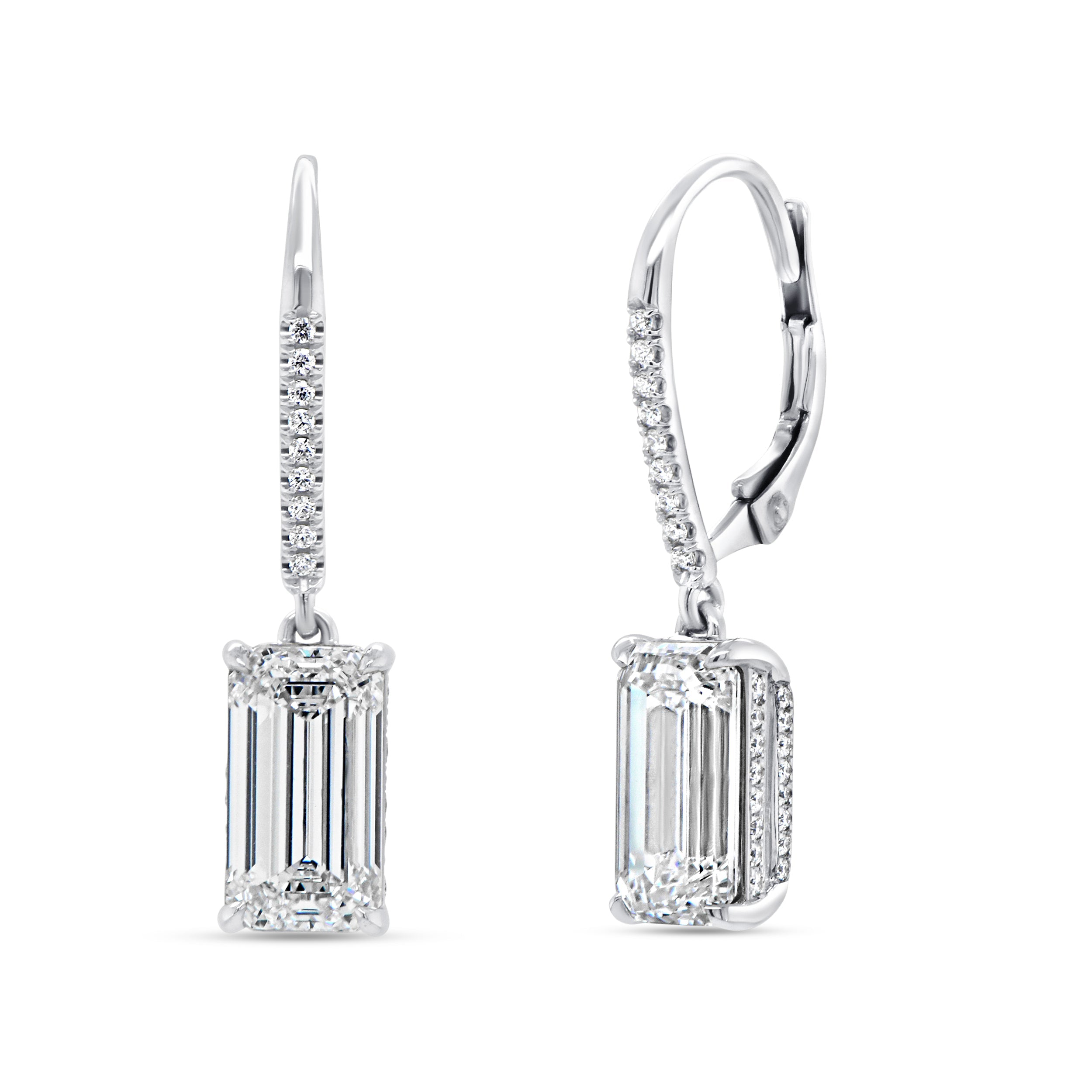 Front and side view of 6.38ctw diamond drop earrings showing emerald-cut drops and pave leverback hooks on white background