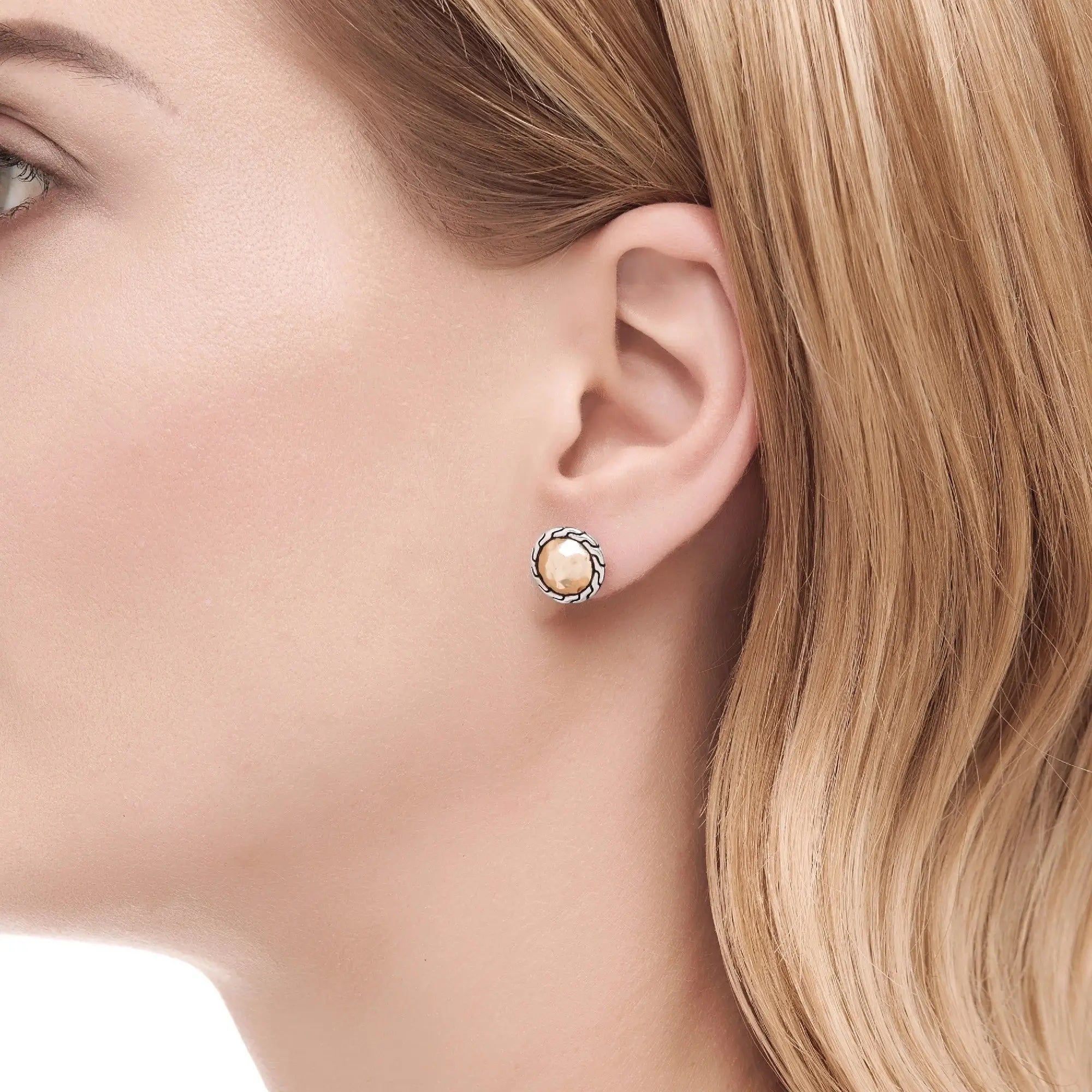 18K Yellow Gold, Sterling Silver Hammered Stud Earrings