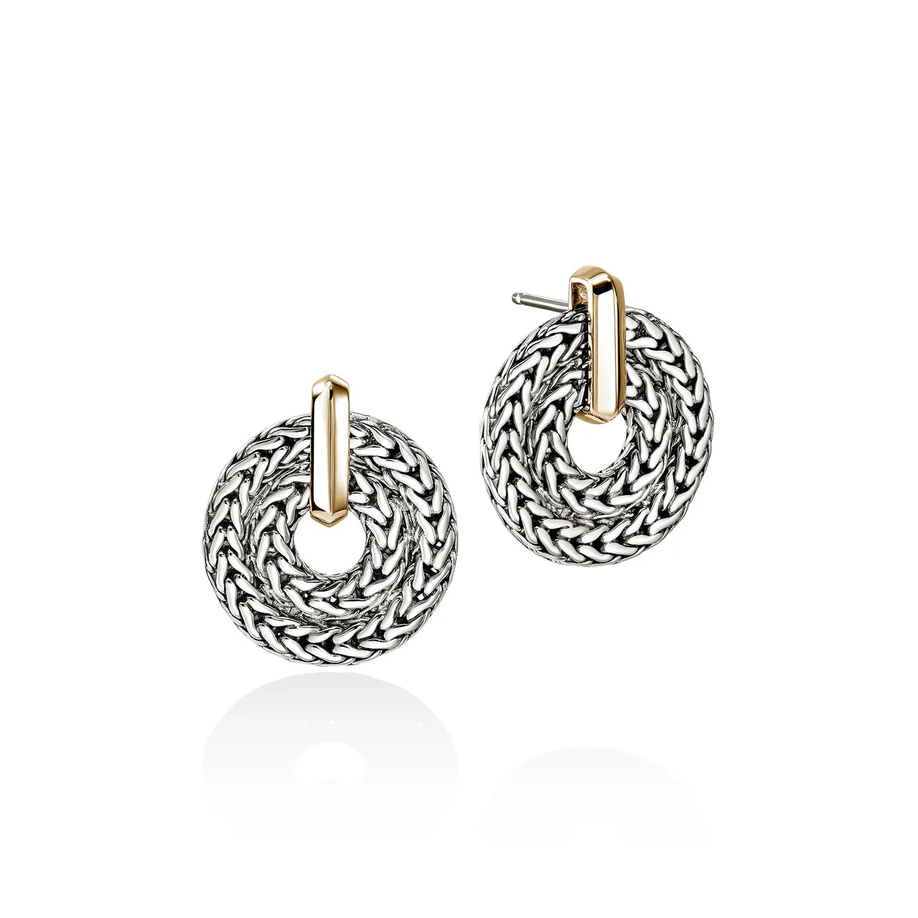 Pair of silver hoop earrings with gold accents on a white background