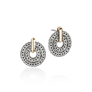 Pair of silver hoop earrings with gold accents on a white background