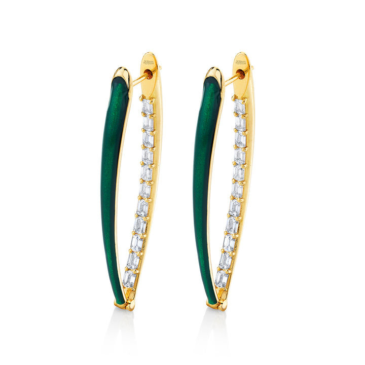 1.92ctw Emerald Diamond with Green Enamel Hoop Earring