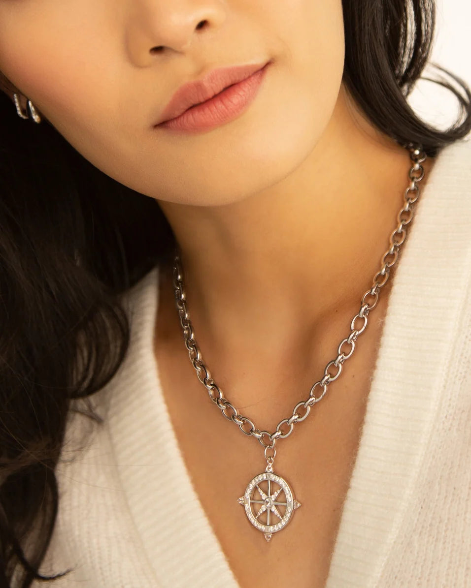 "Adventure" Compass Audrey Necklace with Rock Crystal and White Sapphires