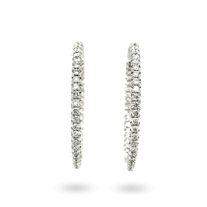 Front view of 14K white gold hoop earrings showing pave-set diamonds (3.03 ctw) on a white background